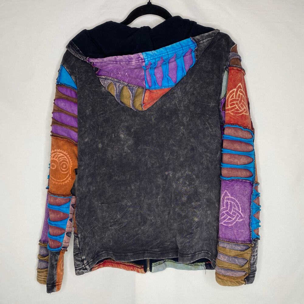 Rising International Patchwork Fleece Grunge Indie Granola Hoodie Size Large - Picture 9 of 10